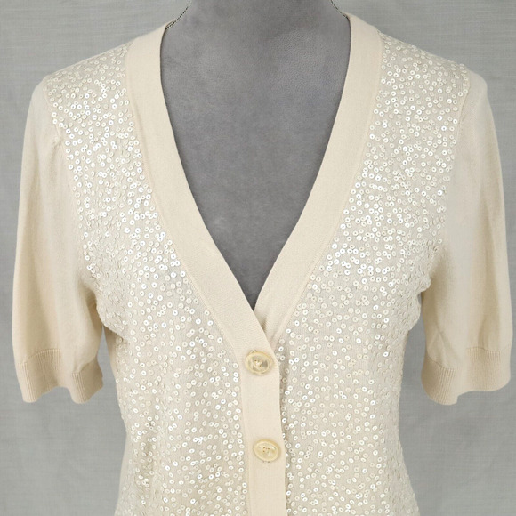Talbots Sweater Petites MP PM Ivory Cardigan Sequins Buttons V neck Neutral - Picture 12 of 12